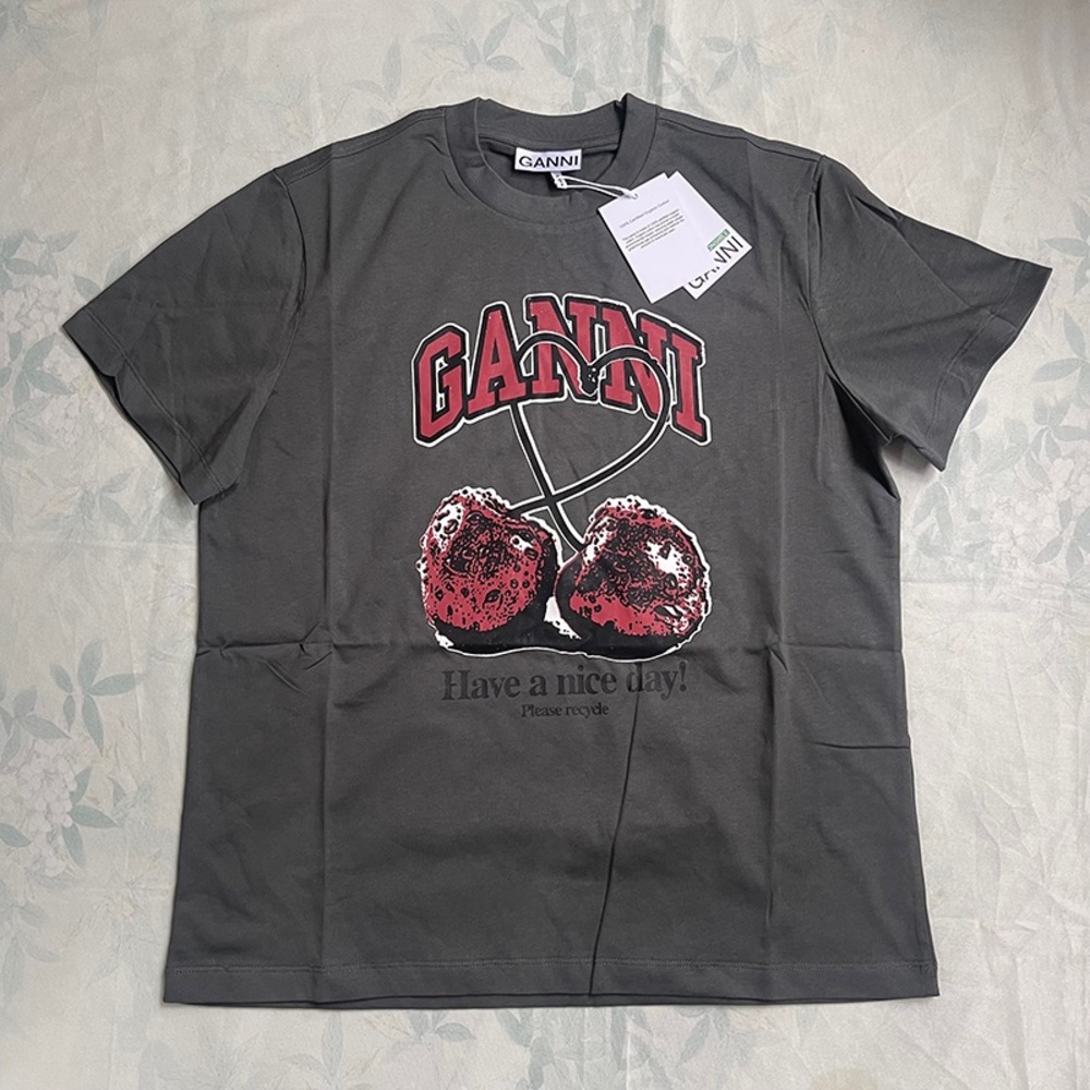 Ganni Charcoal Crewneck Logo Tee with Tag